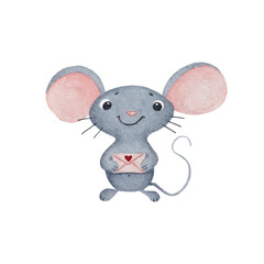 Small grey mouse holding a pink envelope. Watercolor illustration