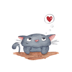Cute grey cat thinking about love. Watercolour illustration 
