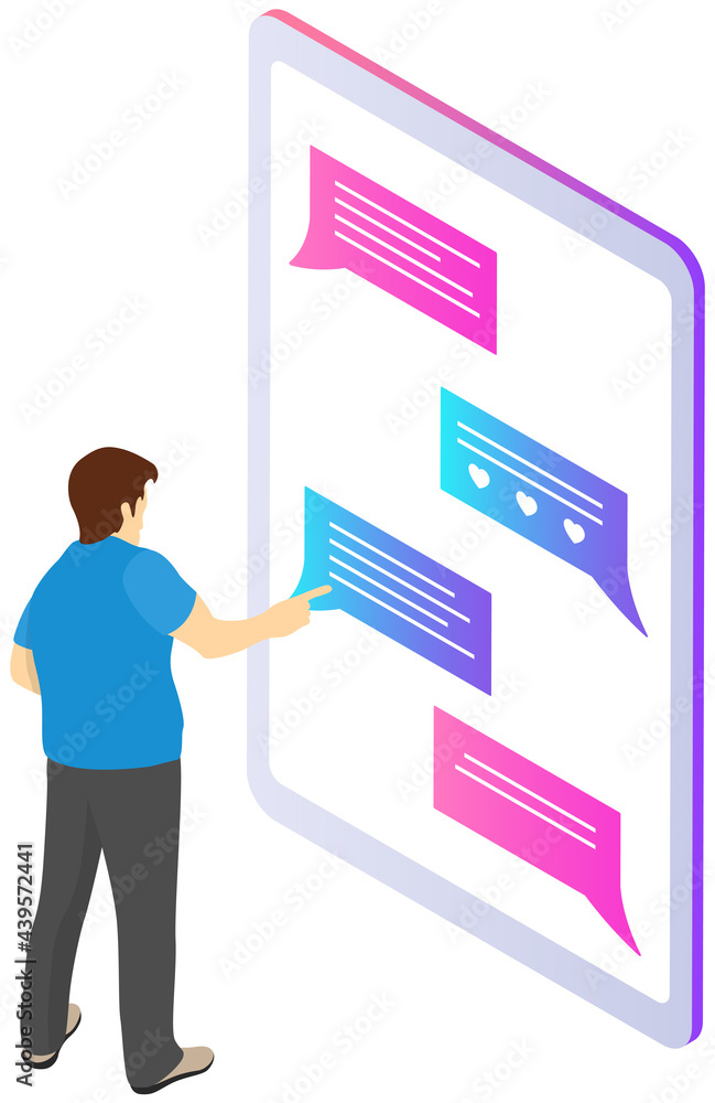 Poster male character uses smartphone to chat, modern life style, easy message application. man is chatting