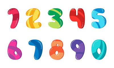 Colourful cartoon numbers 1-10 for kids, birthday card template. Vector illustration set isolated on white background. Numbers 1, 2, 3, 4, 5, 6, 7, 8, 9, 0.