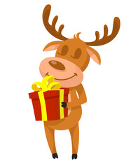 Christmas deer holding gift box. Happy character in cartoon style.