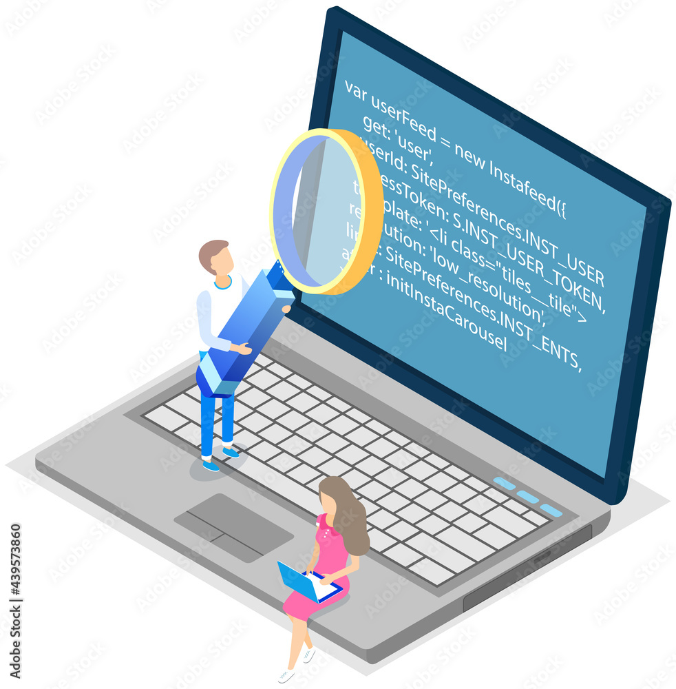 Aufkleber man with magnifier standing near woman sitting on computer and working with laptop in social network