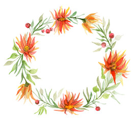 Wreath with watercolor autumn plants. Template for decorating designs and illustrations.