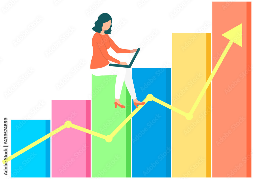 Poster young girl with laptop sits on value of graphics, ratings and charts on white background. woman is w