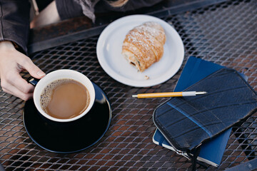 Closeup of Woman Drink Coffee at Outdoor Cafe