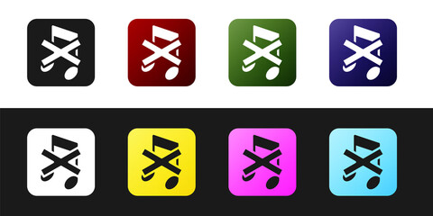 Set Speaker mute icon isolated on black and white background. No sound icon. Volume Off symbol. Vector