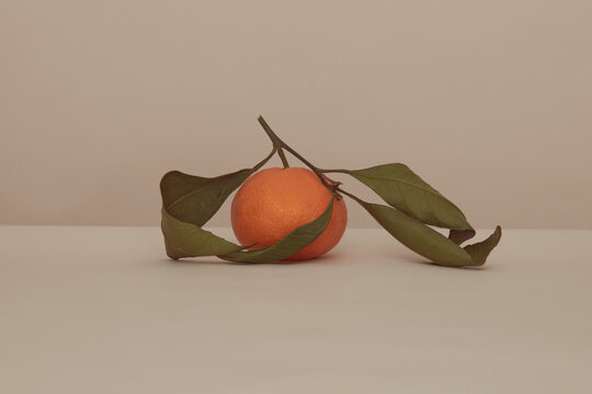 Leafy tangerine on the table