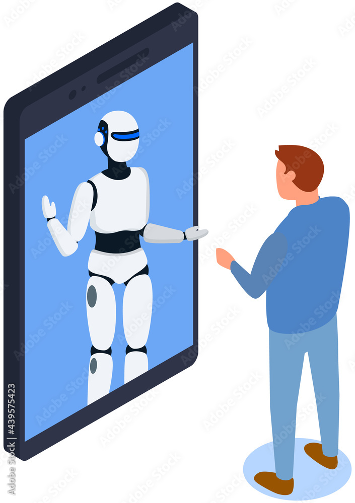 Poster businessman talks to robot in smartphone chat. male character having consultation with robot. chatti