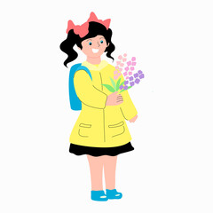 A girl with flowers and a satchel is going to school.