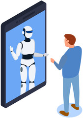 Businessman talks to robot in smartphone chat. Male character having consultation with robot. Chatting bot helping human with working tasks. Cyberspace and innovations concept. Communication with bot