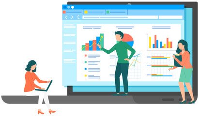 Colleagues discussing financial chart analytics. Employees brainstorming statistical diagram graphs on screen. Presentation of business strategy concept. People discussing data shown on monitor