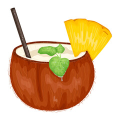Vector illustration of a cocktail made from a half of a broken coconut. Coconut water or milk with straw, mint leaves and pineapple slice. Summer refreshing drink icon for beach or bar.