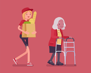 Senior with walker, aged handicapped woman, female volunteer helping. Elderly citizen social support, courier carrying food bags, shop, market delivery service. Vector flat style cartoon illustration