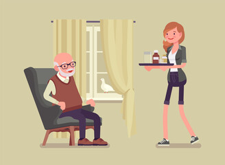Caregiving elderly people, young woman helping senior man at home. Older adult care, volunteer nursing, assistance, charity, disability social support service. Vector flat style cartoon illustration