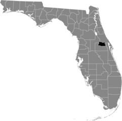Black highlighted location map of the US Seminole county inside gray map of the Federal State of Florida, USA