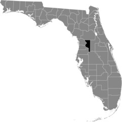 Obraz premium Black highlighted location map of the US Sumter county inside gray map of the Federal State of Florida, USA