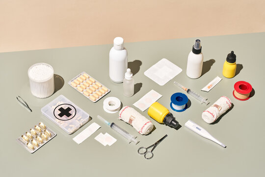 Set of first aid supplies on table