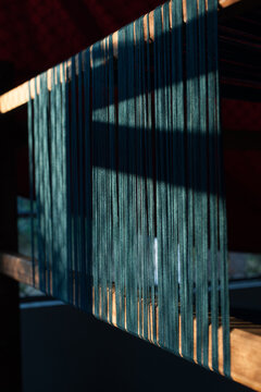Indigo-dyed cotton thread in the loom