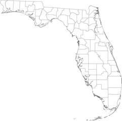 White blank vector map of the Federal State of Florida, USA with black borders of its counties