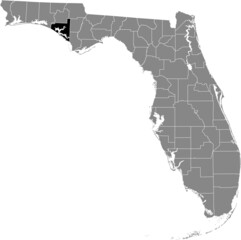 Obraz premium Black highlighted location map of the US Bay county inside gray map of the Federal State of Florida, USA