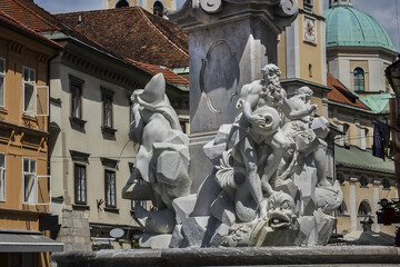 Famous monuments in Ljubljana - a Three Carniolan Rivers Fountain (1698 - 1757), decorated with...