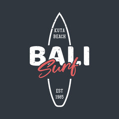 t shirt design kuta beach bali surf with surfing board flat illustration