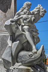 Famous monuments in Ljubljana - a Three Carniolan Rivers Fountain (1698 - 1757), decorated with allegorical figures of three rivers: Sava, Krka and Ljubljanica. Ljubljana. Slovenia, Europe.