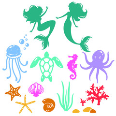 Set of mermaids, sea animals, shells, plants and mermaids. Illustration for children's clothing, tableware, etc.