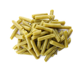 Pile of canned green beans on white background, top view