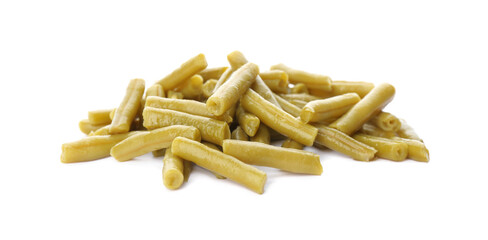 Pile of canned green beans on white background