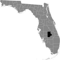 Black highlighted location map of the US Highlands county inside gray map of the Federal State of Florida, USA