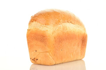 One loaf of white flavored wheat bread, close-up, isolated on white.