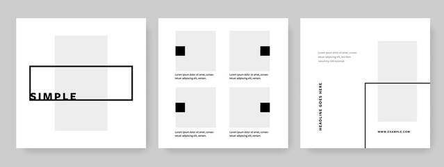Fototapeta na wymiar Minimal social media templates with grey, white and black accent, clean editable business layouts for serious company, simple square graphics for company