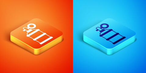 Isometric Hand smoke grenade icon isolated on orange and blue background. Bomb explosion. Vector