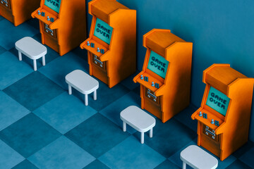 3D render of a room full of Orange arcade cabinet on blue background