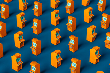 pattern of Orange arcade cabinet on blue background randomly positioned
