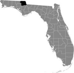 Black highlighted location map of the US Jefferson county inside gray map of the Federal State of Florida, USA