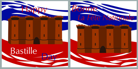 Set of vector illustrations with fortress for French national day, Bastille day, 14 July. Suitable for greeting card, poster and banner. On a white isolated background.Prise de la Bastille