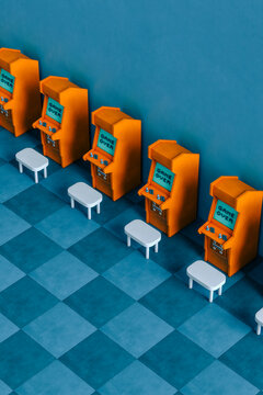 3D render of a room full of Orange arcade cabinet on blue background