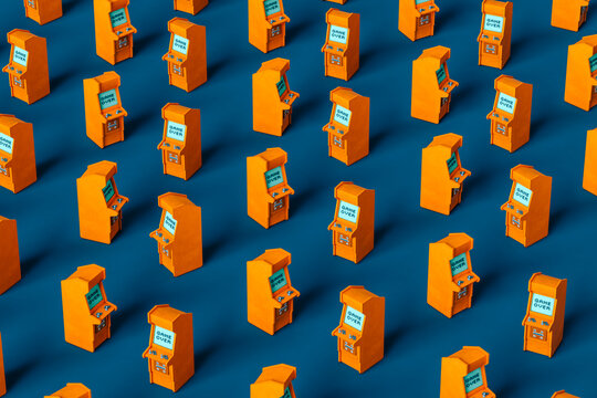 pattern of Orange arcade cabinet on blue background randomly positioned
