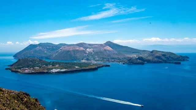 The Island of Vulcano seen from Lipari, Aeolian islands, Sicily, Italy, Time Lapse, 4k
