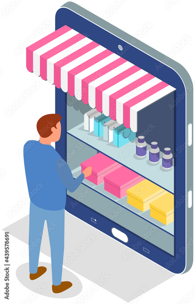Poster man is using app for shopping via internet. male character selects products on shelves in online sto
