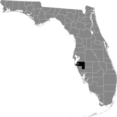 Black highlighted location map of the US Manatee county inside gray map of the Federal State of Florida, USA