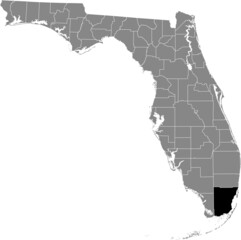 Black highlighted location map of the US Miami-Dade county inside gray map of the Federal State of Florida, USA