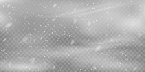 Realistic blizzard background. Christmas snowfall overlay, falling snowflakes winter snowy weather vector background illustration. Heavy snowfall - obrazy, fototapety, plakaty