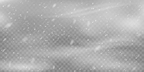 Fotobehang Realistische sneeuwstormachtergrond. Kerst sneeuwval overlay, vallende sneeuwvlokken winter besneeuwde weer vector achtergrond illustratie. Zware sneeuwval © WinWin