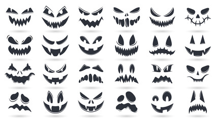 Halloween pumpkins faces. Spooky ghost emoticons faces isolated vector illustration set. Scary pumpkin faces silhouette