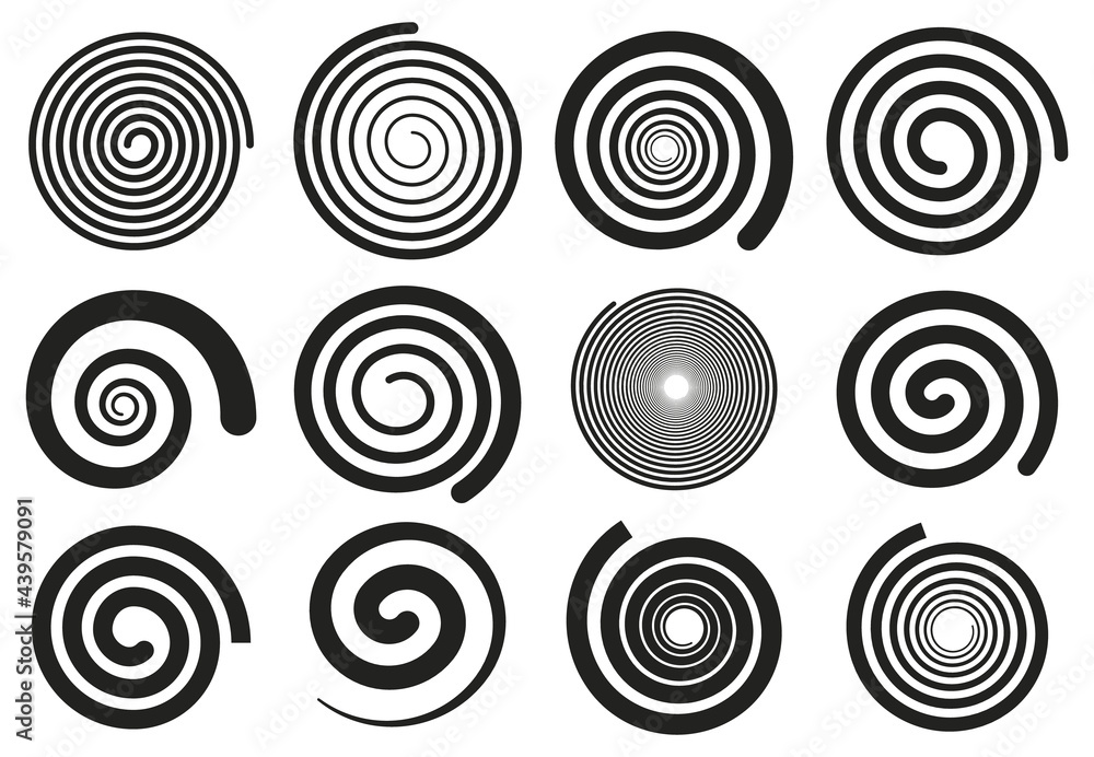 Poster abstract spirals. vortex swirl motion elements, simple rotating spirals silhouettes isolated vector 
