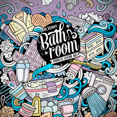 Bathroom hand drawn vector doodles illustration. Bath room frame card design.