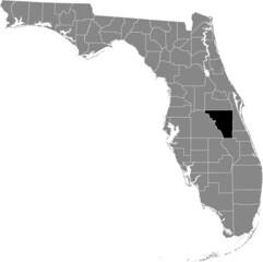 Black highlighted location map of the US Osceola county inside gray map of the Federal State of Florida, USA